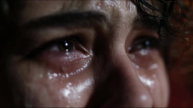 Woman crying while eating popcorn in a cinema, close-up of her tearful face with shiny wet eyes