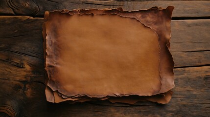Aged vintage brown paper sheet with grunge texture on wooden background.