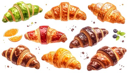 Assorted pastries, croissants in various fillings and colors