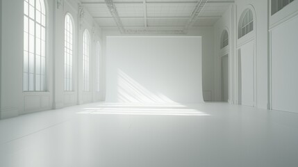 Spacious modern white studio room with sunlight and large window shadows.