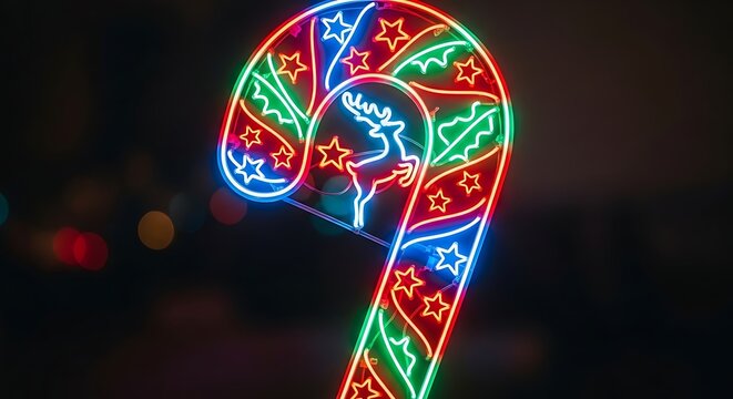 A vibrant and festive neon candy cane decoration illuminates the night, adorned with stars and a reindeer, spreading holiday cheer