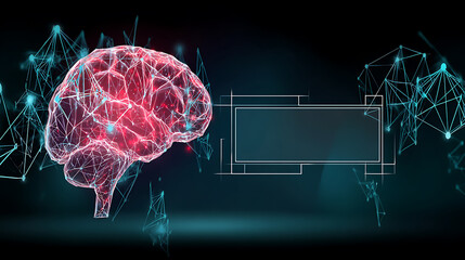 Digital representation of a human brain with neural network connections and geometric patterns in a futuristic design.
