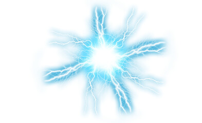 Fototapeta premium Bright blue electric spark bursting outward on black background