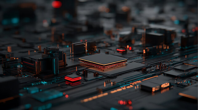Close-up view of a futuristic electronic circuit board with illuminated components and integrated chips