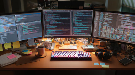 Naklejka premium A backlit mechanical keyboard clacks under swift fingers, where speed and focus ignite the rhythm of creation..