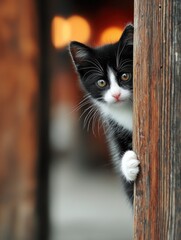 Kitten Tuxedo Cat Black and White Cat Cute Adorable Curious Closeup of Playful Feline Peeking from Wooden Post with Golden Eyes in Warm Blurred Background