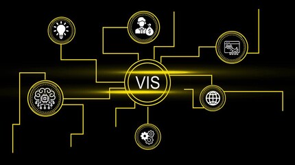 Business intelligence data analysis concept visualization with interconnected icons representing ideas finance growth global network and artificial intelligence on a dark background with glowing - Powered by Adobe