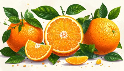 Juicy oranges, halved and whole, with leaves