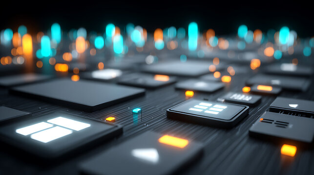 Futuristic digital interface with illuminated panels and glowing data points in a high-tech environment