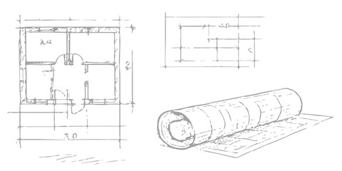 Architectural sketch of a house plan on paper, a design and engineering blueprint for a home construction project. engineer, cad, blueprints, plans, industry