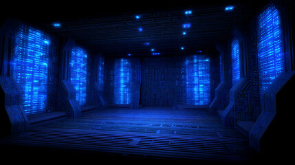 Futuristic high-tech corridor illuminated with blue digital displays and glowing panels