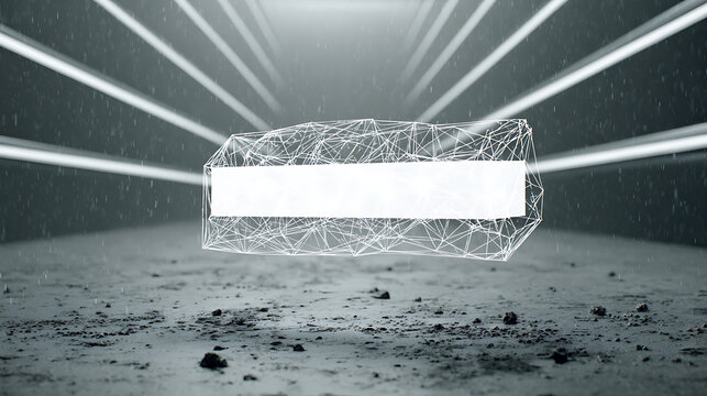 Digital wireframe cube with glowing lines in a futuristic tunnel environment