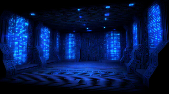 Futuristic high-tech corridor illuminated with blue digital displays and glowing panels