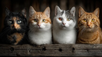 Kittens Cute Adorable Pets Playful Fluffy Group of Baby Cats Sitting Together on Wooden Surface with Cozy Warm Background