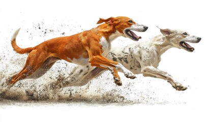 Two dogs running fast through a cloud of dust