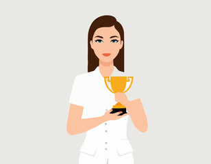 Business Woman Holding Trophy Image vector isolated on white background.
