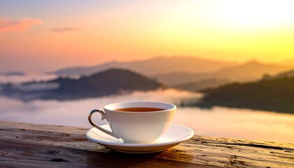 A cup of tea on a wooden table at sunrise over a misty mountain range