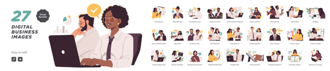 A bundle of 27 editable vector illustrations showing digital business concepts like content creation, planning, teamwork, and online promotion.