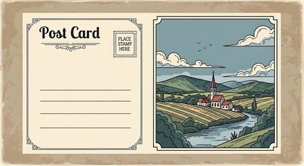 Vintage Postcard of a Picturesque Village Landscape with River.