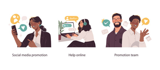 Three modern vector illustrations showing social media marketing, online customer support, and a diverse promotion team working together.