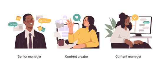 Three vector illustrations showing key digital roles—senior manager overseeing strategy, content creator producing media, and manager organizing workflow.