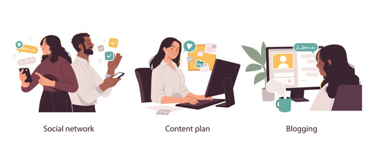 Three modern vector illustrations representing social networking, creating a structured content plan, and blogging for digital marketing growth.