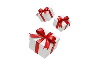 Three white gift boxes with red ribbons and bows floating in the air isolated on transparent background