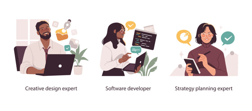 Three vector illustrations of modern business roles&mdash;creative designer, software developer, and strategy planner&mdash;working with digital tools and analytics.