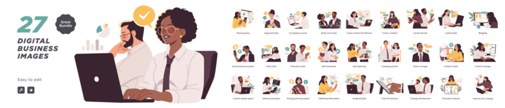 A bundle of 27 editable vector illustrations showing digital business concepts like content creation, planning, teamwork, and online promotion.