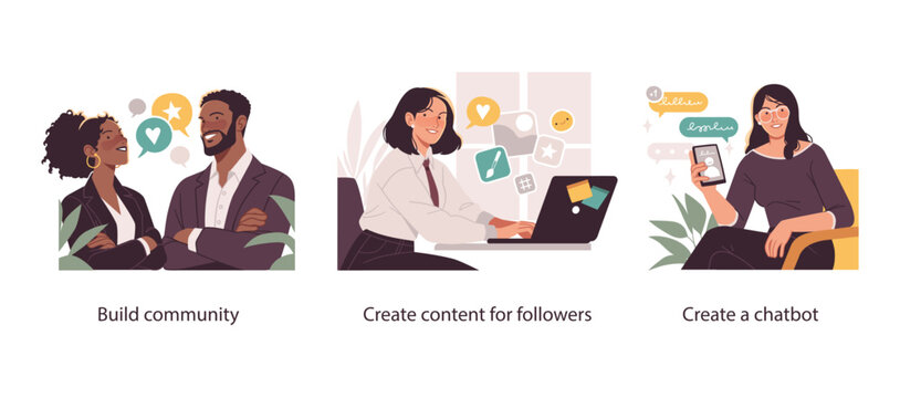 Three vector illustrations representing digital community building, creating engaging content for followers, and developing a chatbot for interaction.