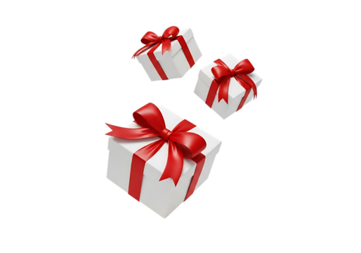 Three white gift boxes with red ribbons and bows floating in the air isolated on transparent background