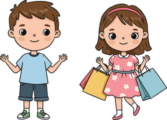 Happy cartoon children waving hands, boy and girl with shopping bags, cheerful kids illustration, colorful outfit, playful pose, isolated background
