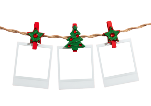 Three blank white instant photo prints hanging on a string with festive christmas clothespins isolated on transparent background