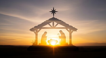 Silhouette of the holy family in a manger at sunset, celebrating the birth of jesus christ with the star of bethlehem shining above