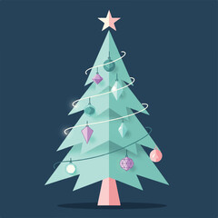 Obraz premium A flat illustration of a teal Christmas tree with pink ornaments and a pink star