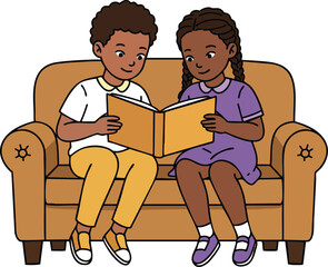 Two children sitting on couch reading book together in cozy home environment with warm brown furniture 