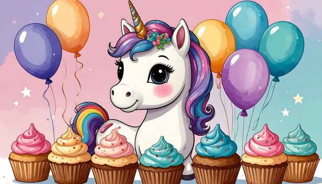 Cute unicorn with cupcakes and balloons