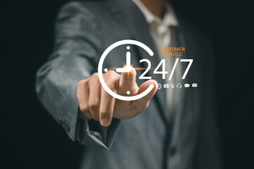24-7 Customer Service Support concept. Businessman uses technology services through customer help center.