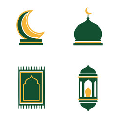 Islamic symbols: crescent moon, mosque dome, prayer mat, lantern.