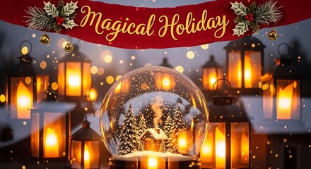 A magical holiday scene featuring a snow globe with a tiny house inside, surrounded by lanterns and a banner with the words magical holiday