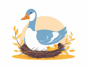 Mother Goose Protecting Young Nest Image vector isolated on white background.