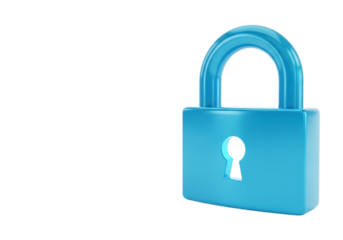 Shiny blue padlock with a keyhole symbol representing security and protection isolated on transparent background