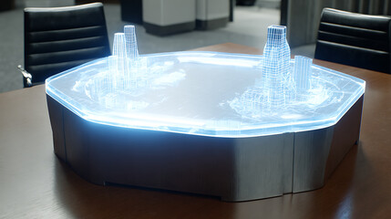 Holographic city model displayed on a table in a modern office setting
