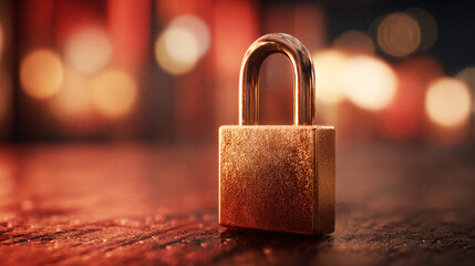 Fototapeta premium Metal lock on a wooden table with a blurred background.