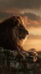 Naklejka premium Lion king observing savanna at golden hour sunset