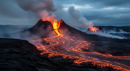 Volcanic Eruption - Fiery Lava Flowing Down a Mountain Landscape at Night.