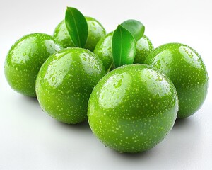 A group of vibrant green, round fruits with water droplets and leaves