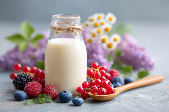 Glass Bottle Of Fermented Milk With Fresh Berries And Herbs