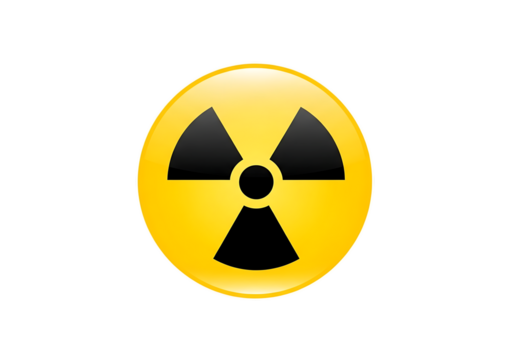 Bright yellow circular radiation hazard symbol with black trefoil icon isolated on transparent background - Powered by Adobe