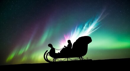 Silhouette of santa claus riding his sleigh with reindeer against the backdrop of the northern lights in the night sky with stars